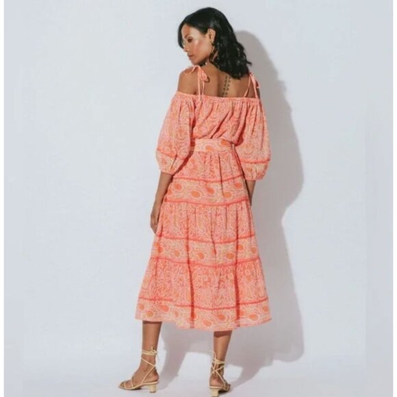 Cleobella Violet Midi Dress Blossom Floral Block Print Orange Peach Pink Medium - Picture 5 of 11